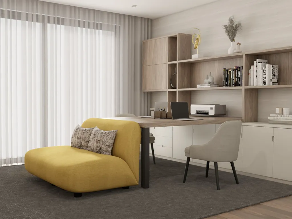 Render do escritório moderno com uma poltrona amarela