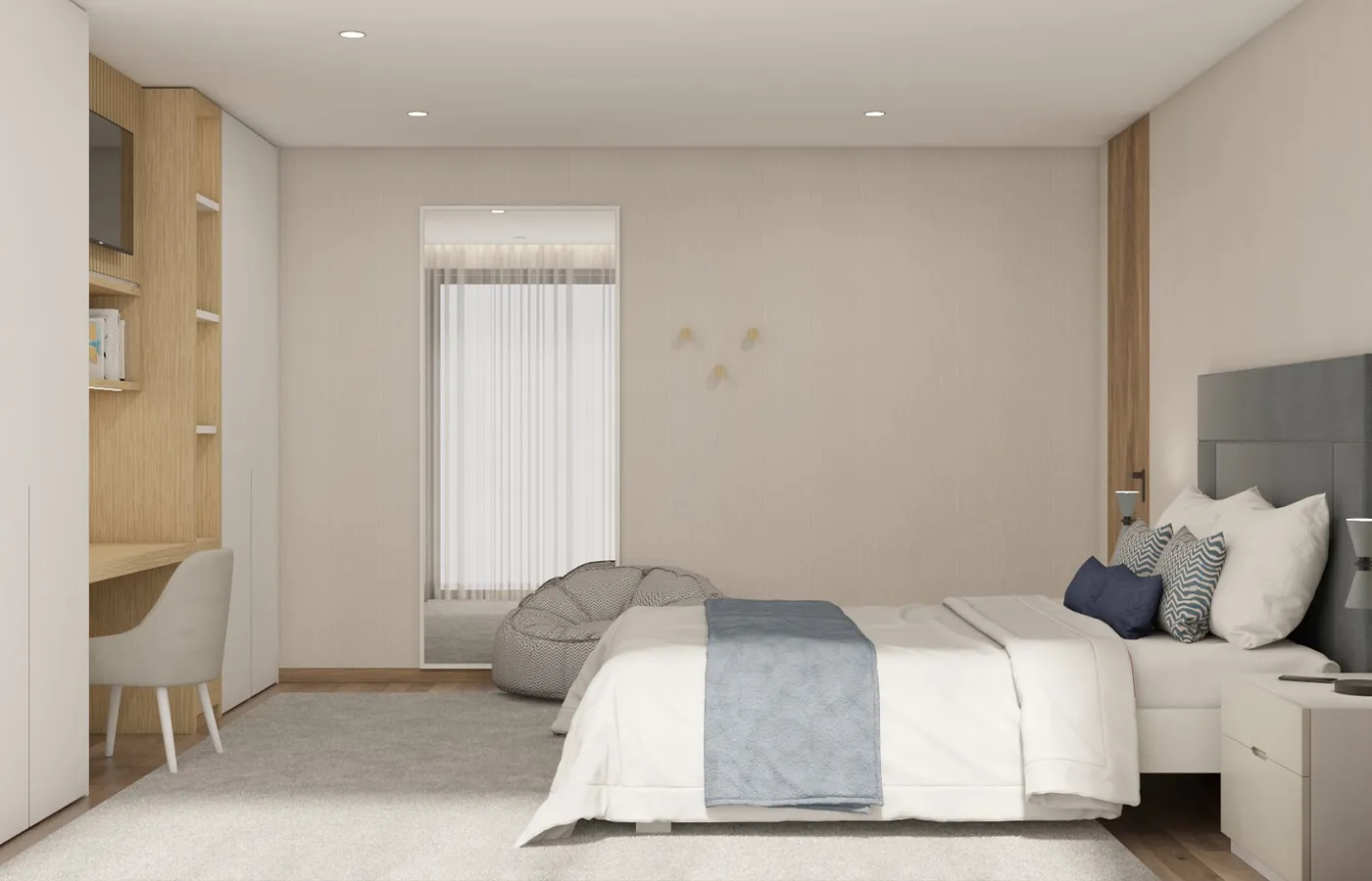 Render lateral do quarto de Menino em tons azuis e bejes