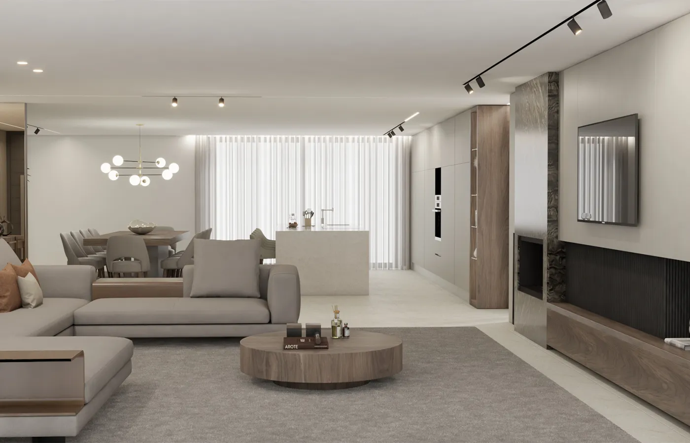 Render Open space de Sala de estar com Cozinha e Sala de jantar