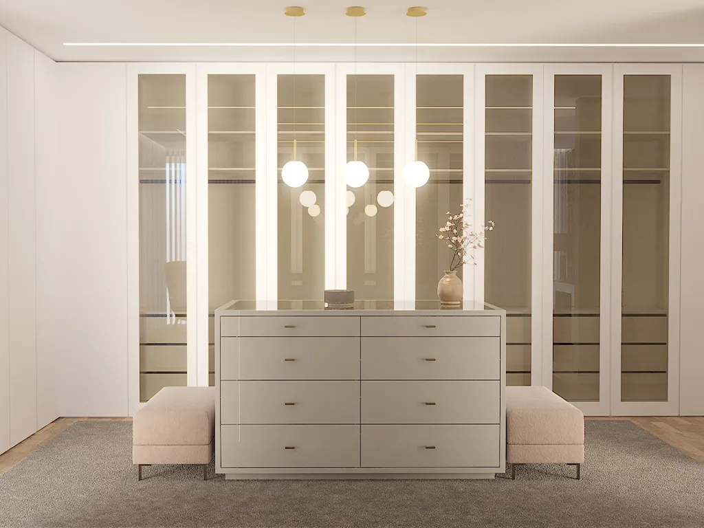 Render Closet Moderno, Luxuosa, com Apontamentos Dourados