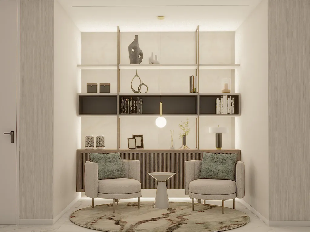 Render Zona de Leitura, Hall dos quartos, luxuoso com Mármore unico