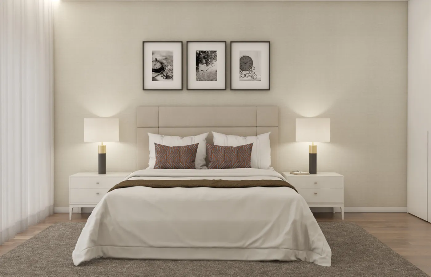 Render de um quarto em tons neutros