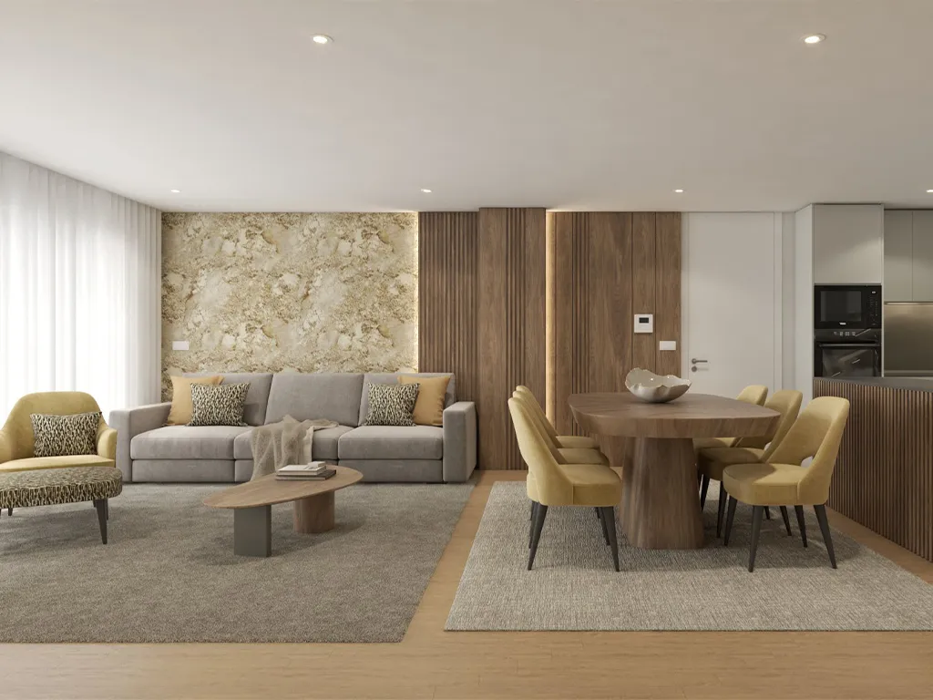 Render OpenSpace moderno. Madeiras, aconchegante