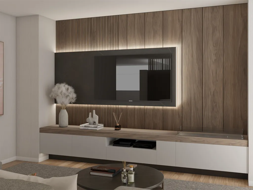 Render Sala de estar com Móvel de TV com a madeira de nogueira