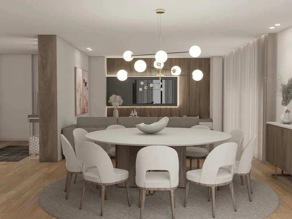 Render do Open Space da Sala de Jantar com Sala de estar