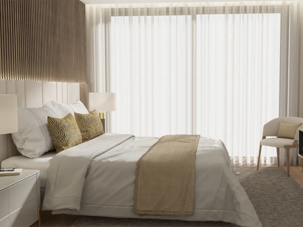 Render da Suite com cabeceira em estofo e Madeira de nogueira 