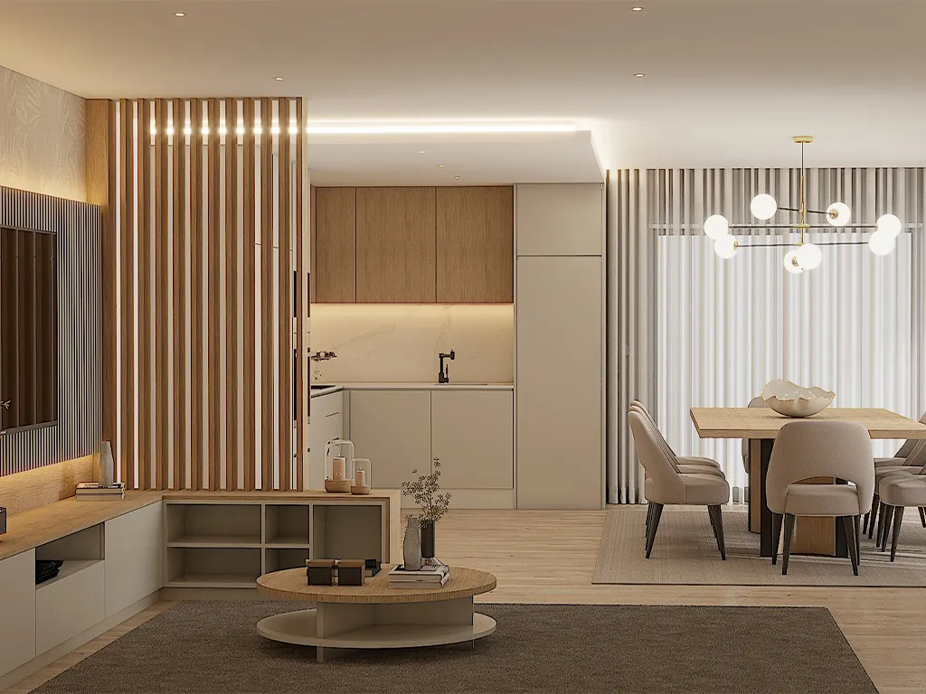 Render OpenSpace com Cozinha e Sala de Jantar Moderno e Luxuoso