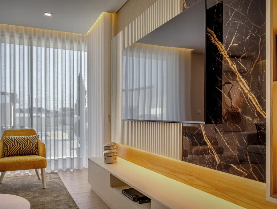 Fotografia do detalhe do Movel de TV da sala