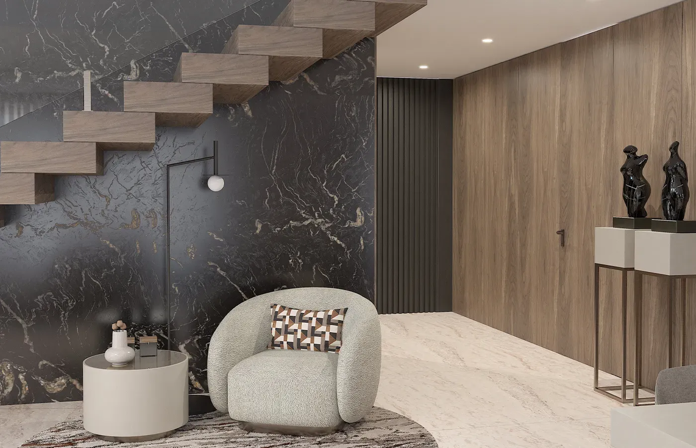 Renderização 3D de hall de entrada moderno com mobiliário personalizado