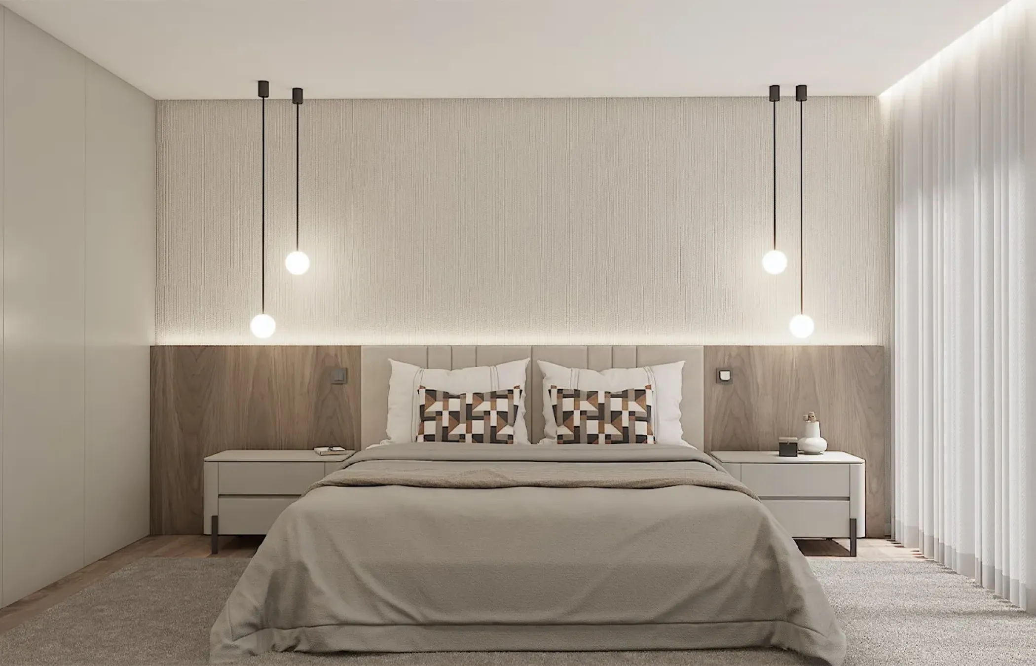 Quarto minimalista em tons neutros, com iluminação pendente e cabeceira de nogueira com estofo