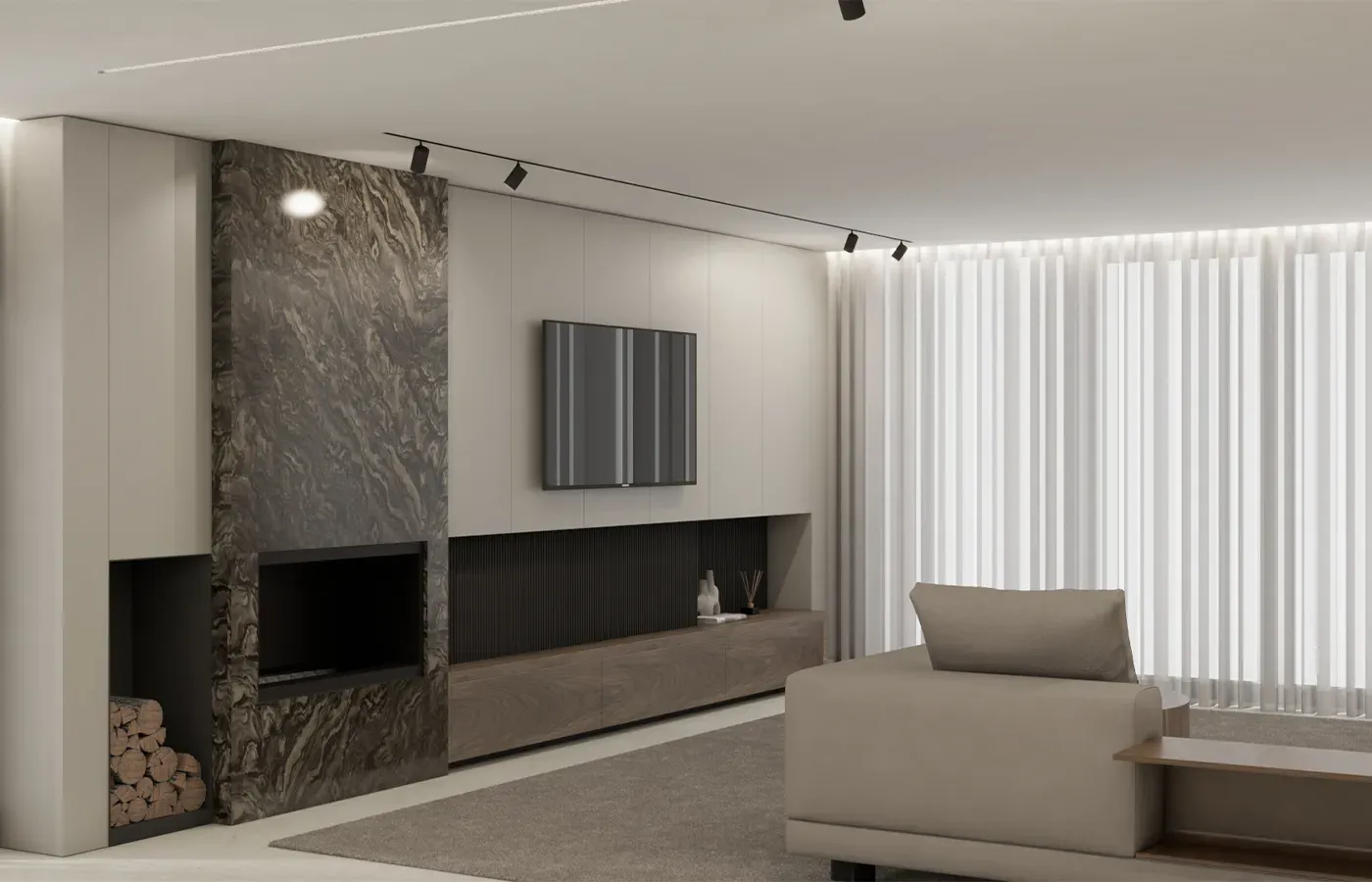 Render Sala de estar com Móvel de TV beje com um mármore escuro